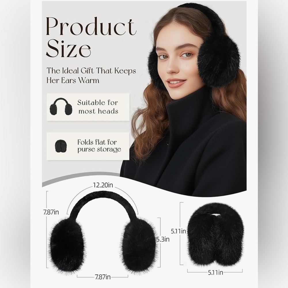 Faux Fur Big Earmuffs Winter Warmer Plush Fluffy Ear Muffs, Black, Outdoor, City